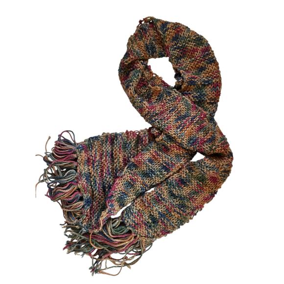 Handmade Knit Winter Scarf Brown Multicolor Fall Autumn Fringe Garter Stitch - Picture 1 of 3